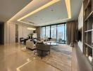 Spacious modern living room with a city view, contemporary furniture, and elegant lighting