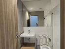 Modern bathroom with a large mirror, sink, and toilet