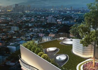 Rooftop garden with city view at dusk