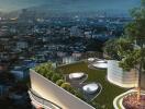 Rooftop garden with city view at dusk