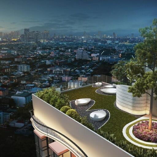 Rooftop garden with city view at dusk