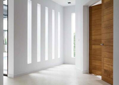 Modern entrance with wooden door and vertical windows