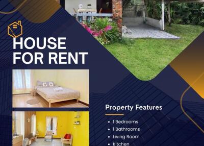 House for rent advertisement showing building exterior and interior rooms