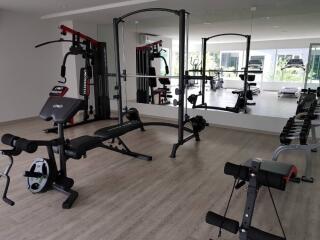 Home gym with various fitness equipment