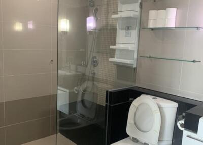 Modern bathroom with glass shower door and toilet