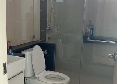 Modern bathroom with a glass-enclosed shower