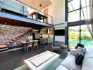 Modern living room with high ceilings and loft area