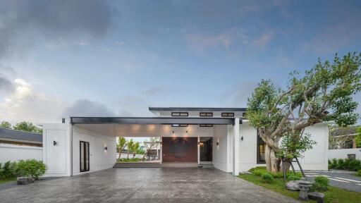 Modern house exterior with driveway and garden