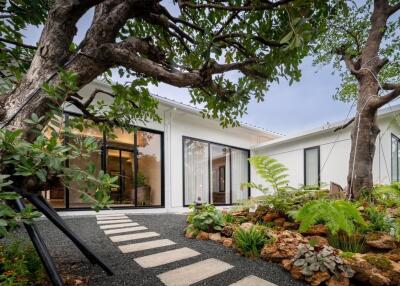 View of a modern house with garden path