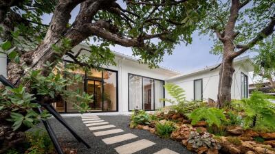 View of a modern house with garden path