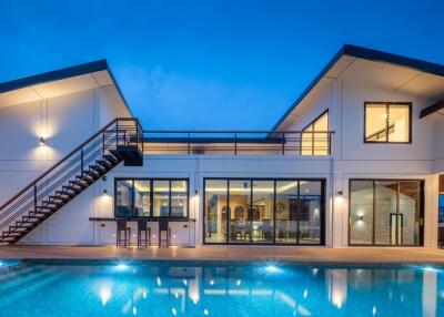 Modern house exterior with pool