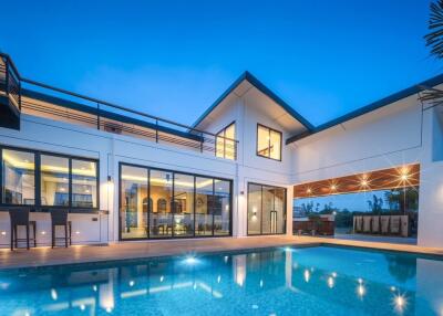 Modern luxury house with pool and outdoor lighting