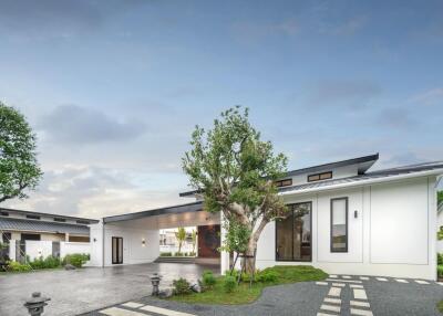 Modern house exterior with driveway and trees