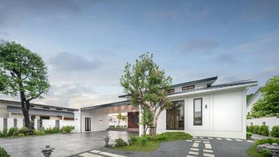 Modern house exterior with driveway and trees