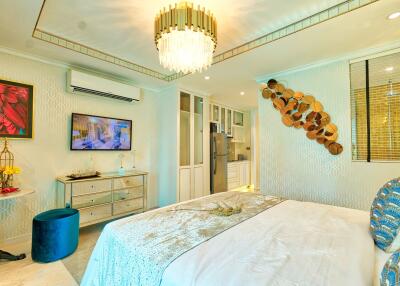 Luxurious bedroom with modern decor and amenities