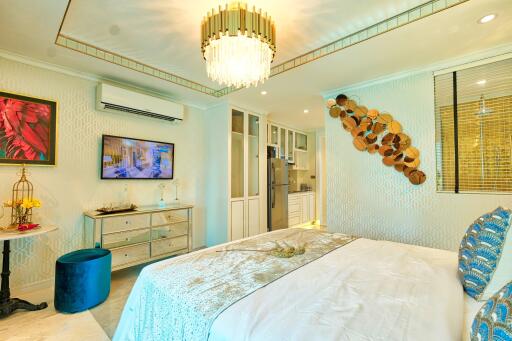 Luxurious bedroom with modern decor and amenities