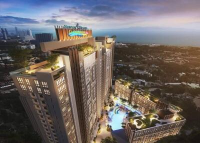 High-rise residential building with swimming pool and city view