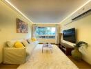 Modern living room with a sofa, coffee table, TV, air conditioner, and large window.