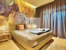 Luxury modern bedroom with artistic wall, gray curtains, and neatly arranged bed