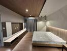 Modern minimalist bedroom with wooden flooring and ceiling