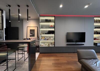 Modern living room with wall-mounted TV and built-in shelves