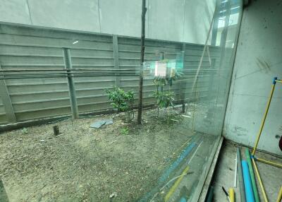 Window view of backyard under construction