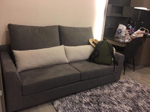 Cozy living space with grey sofa and workspace