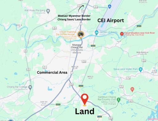 Map showing location of land in relation to key landmarks such as the airport, commercial area, and borders