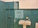 Modern bathroom with green mosaic tiles and glass shower