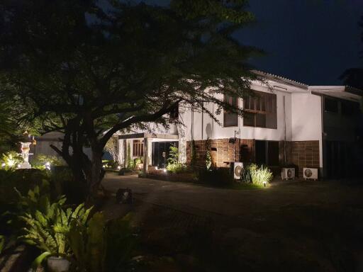 Well-lit building exterior at night with surrounding greenery