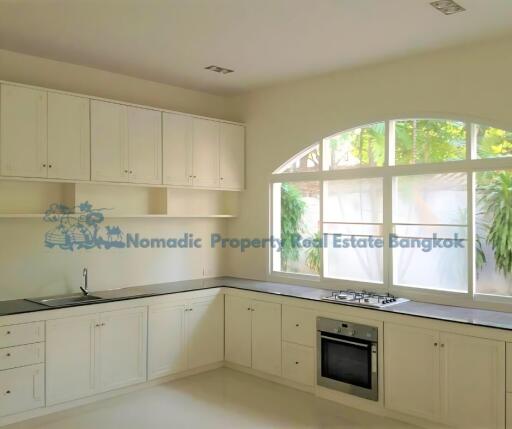 Spacious modern kitchen with large windows and built-in cabinets