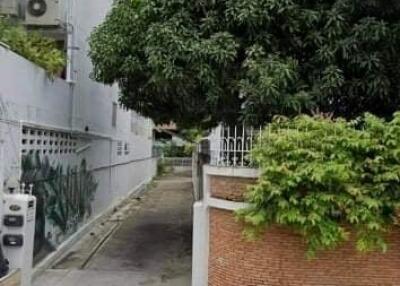 Driveway entrance with greenery and tall building in the background