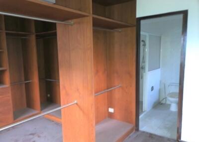 Spacious walk-in closet with built-in shelves and hanging rods