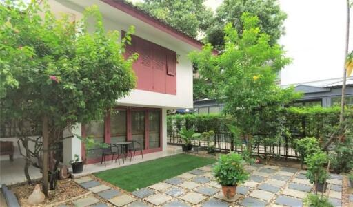 Exterior view of a modern two-story house with a garden