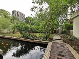 Outdoor garden with pond and walkway