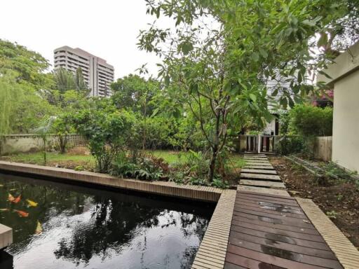 Outdoor garden with pond and walkway