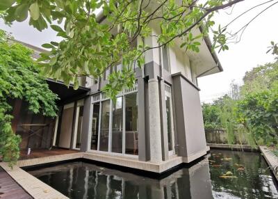 Modern house with large windows overlooking a koi pond