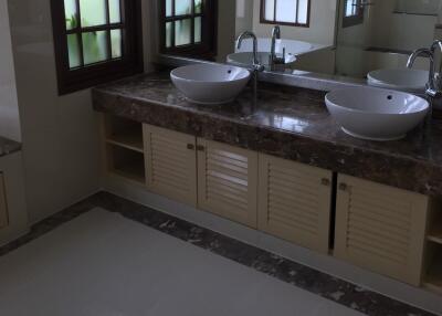 Bathroom with double vanity sinks and marble countertop