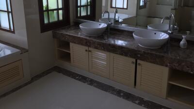 Bathroom with double vanity sinks and marble countertop