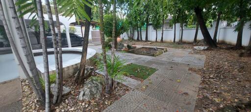 Spacious backyard with pool, greenery, and a sitting area