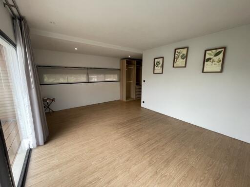 Spacious bedroom with wooden flooring, closet, and wall decorations