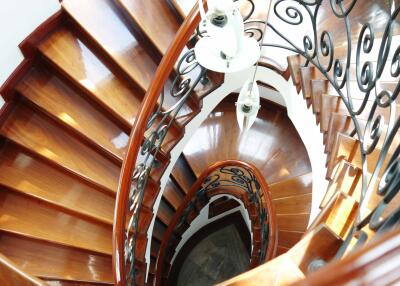 Spiral staircase with wooden steps and ornate railings