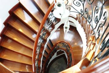 Spiral staircase with wooden steps and ornate railings