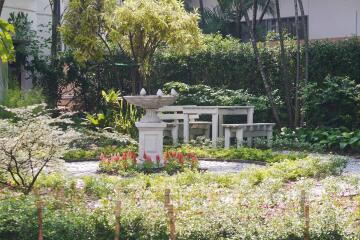 Beautifully landscaped garden with a birdbath and bench seating