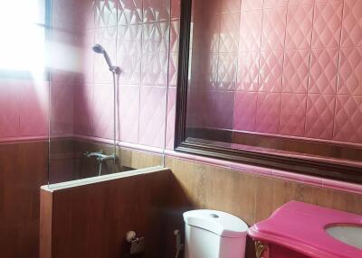 Bathroom with pink tiles and fixtures