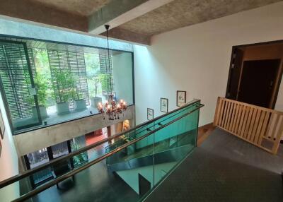 Modern atrium with chandelier and glass railings