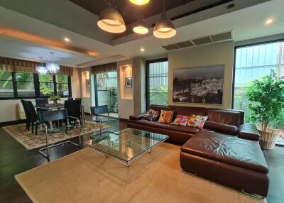 Modern living room with leather sofa and glass coffee table