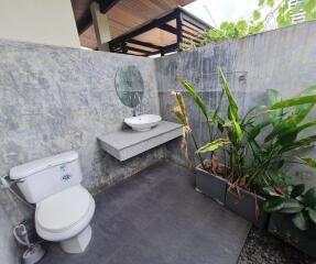 outdoor bathroom with vanity and toilet