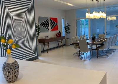 Modern dining room with abstract wall art and contemporary furnishings