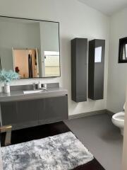 Modern bathroom with large mirror and sleek cabinets